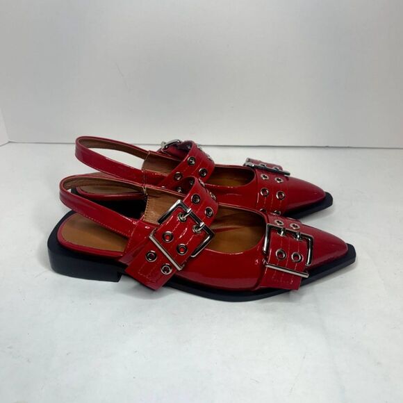 Lunhonk Red Patent Leather Slingback Flat Sandals Womens Studded Buckle Designer - Picture 5 of 11